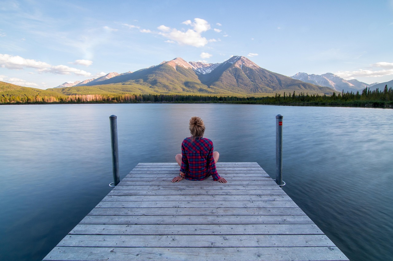 jetty, woman, sitting, relaxing, dock, lake, landscape, outdoors, person, scenery, serene, calm, tranquil, girl, blue landscape, blue relax, nature, blue calm, blue lake